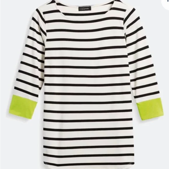 Colette | Black & White Stripe 3/4 Sleeve Tee w/ Green Cuff | Size M - Picture 1 of 4